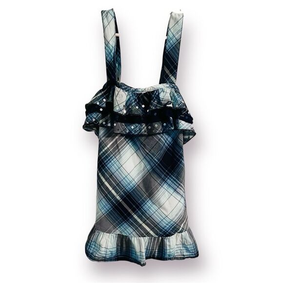 Justice Sequin Ruffle Blue Plaid Tank Top Silver Theead Trim Girls 12 - Picture 1 of 9